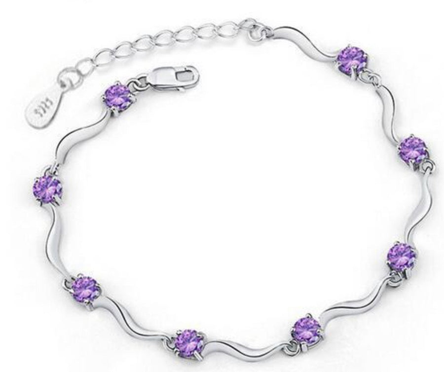 Sterling Silver Crystal Bracelet, S925 bracelet, Cubic Zirconia Bracelet, Diamond, Sparkle Women Fashion, Elegant, silver or purple