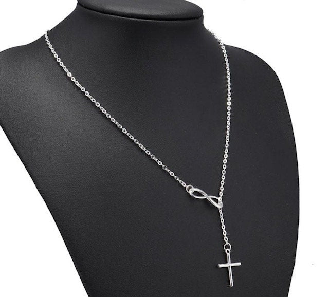 Silver Cross Necklace, Drop Necklace, Christianity Fashion Necklace, Religious Cross Necklace, Infinity Necklace, Eternity Necklace