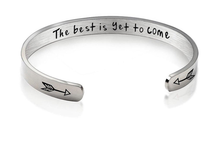 The best is yet to come, cute positive motivational bangle bracelet, adjustable silver plated, gift for her, quote bracelet engraved cute