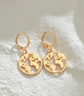 World map dangle earings, gold hoop earth earrings, women fashion accessory, planet earring, globe earring, universe earrings, cute unique