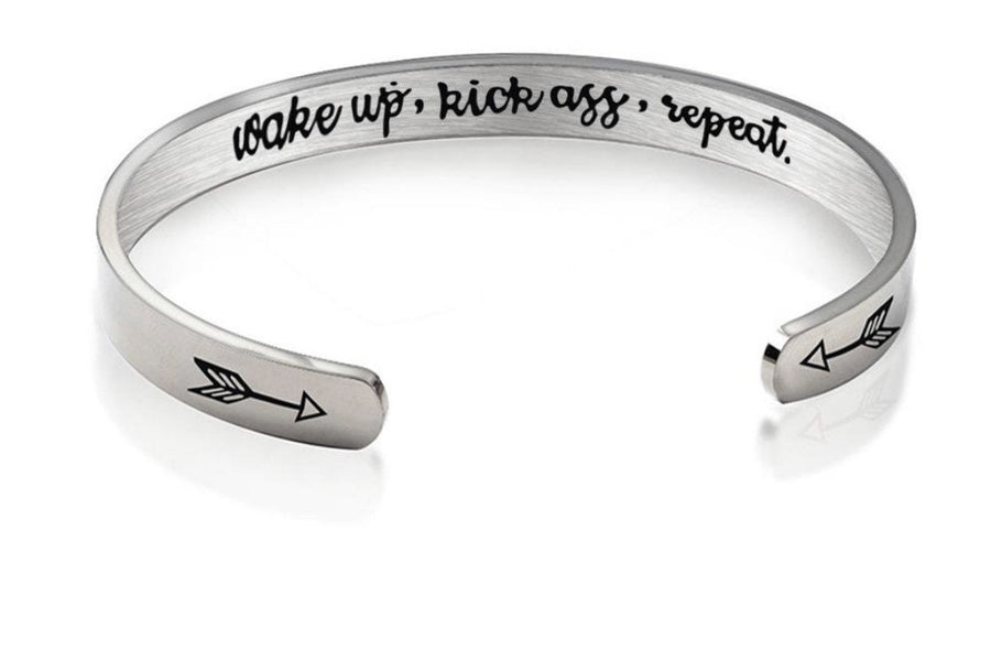 Wake up, kick ass, repeat, cute silver bangle