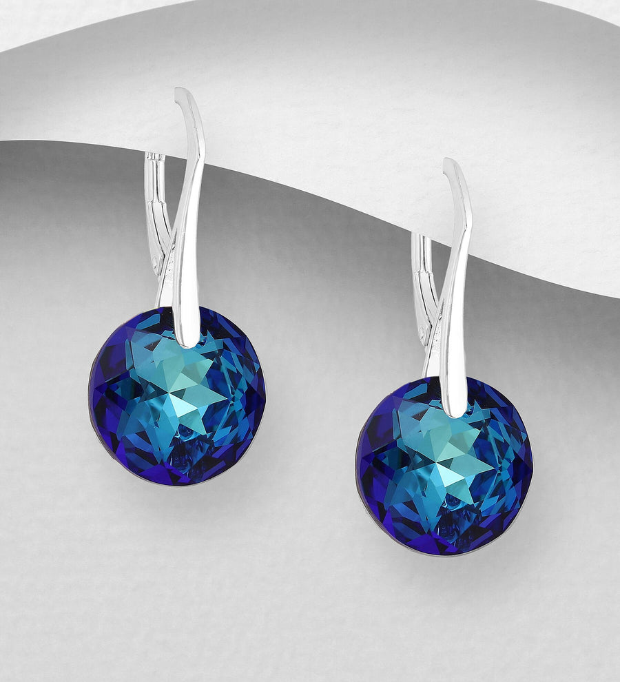 Bermuda Blue Lever Back Earrings Decorated with Fine Austrian Crystal