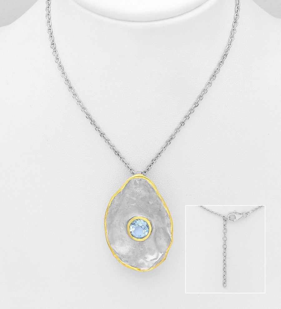 The Rain Drop Necklace.    925 Sterling Silver Necklace, Decorated with Sky-Blue Topaz, Plated with 3 Micron 22K Yellow Gold.