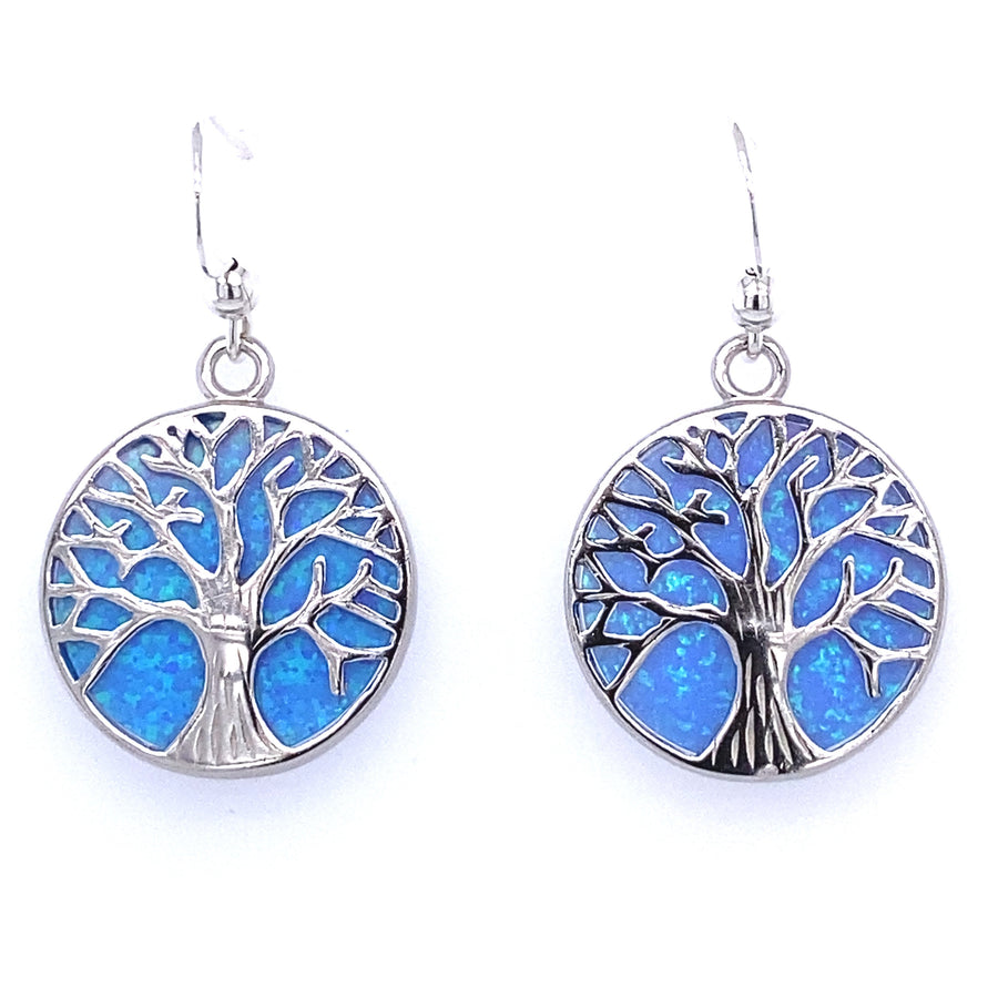 Tree of Life Deep Bermuda Blue Hook Earrings Decorated With Lab-Created Opal