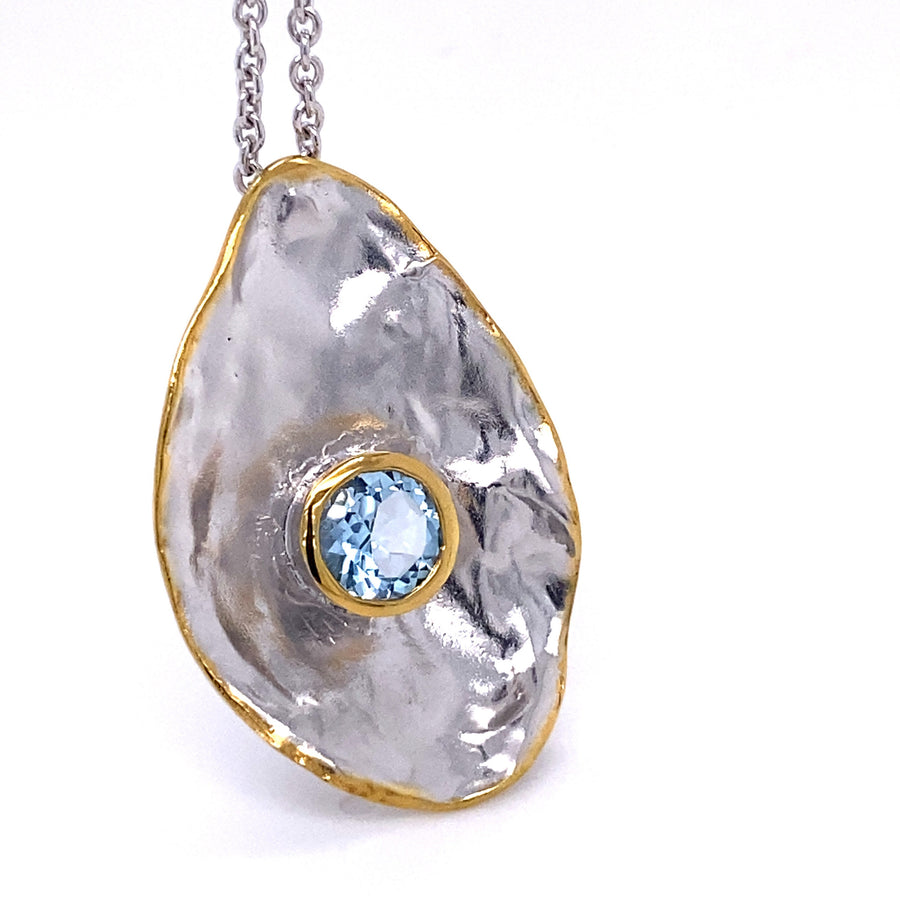 The Rain Drop Necklace.    925 Sterling Silver Necklace, Decorated with Sky-Blue Topaz, Plated with 3 Micron 22K Yellow Gold.