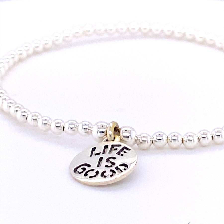 925 Sterling Silver Stretch Beaded Bracelet with "LIFE IS GOOD" Charm