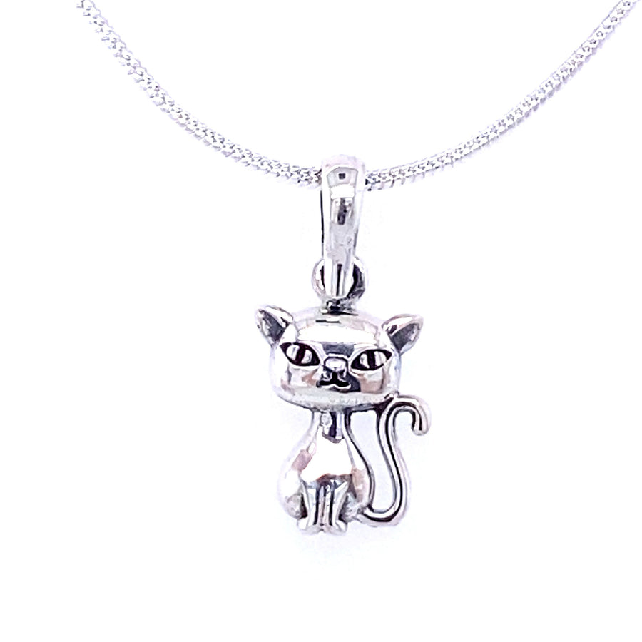 Tiny Adorable Feline Cat Pendant, 925 Sterling Silver with hallmarks, Oxidized. Children or adult necklaces.