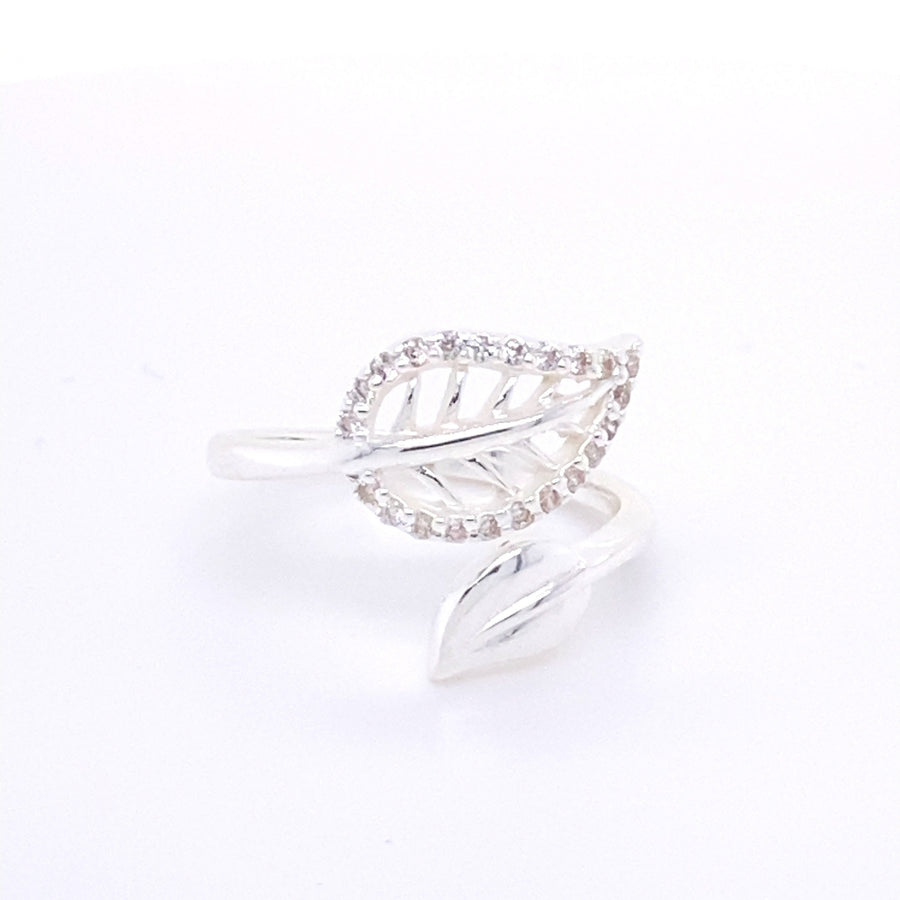 925 Sterling Silver Adjustable Leaf Ring, Decorated with CZ  Diamonds