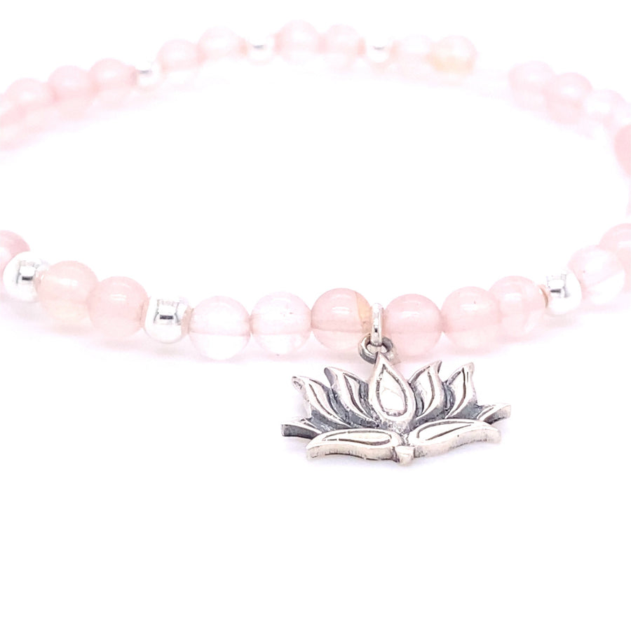 Floral Lotus Flower Elastic Bracelet, Beaded with Rose Quartz Crystals