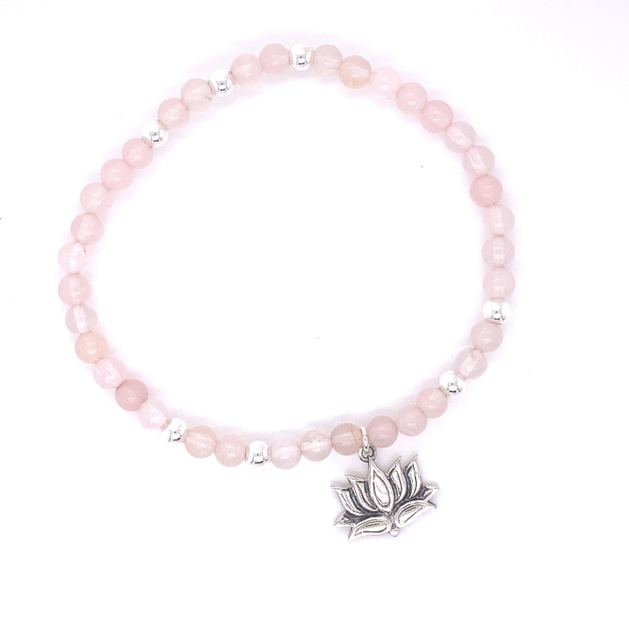 Floral Lotus Flower Elastic Bracelet, Beaded with Rose Quartz Crystals