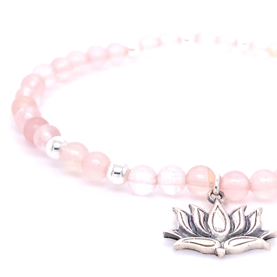 Floral Lotus Flower Elastic Bracelet, Beaded with Rose Quartz Crystals