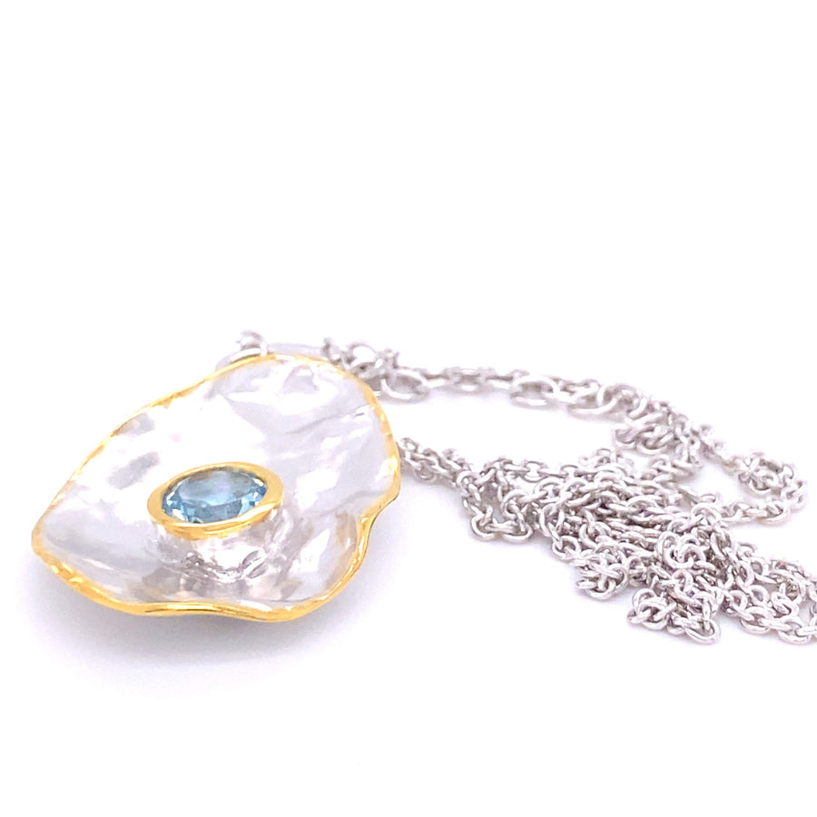 The Rain Drop Necklace.    925 Sterling Silver Necklace, Decorated with Sky-Blue Topaz, Plated with 3 Micron 22K Yellow Gold.