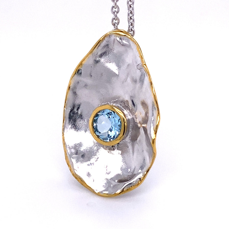 The Rain Drop Necklace.    925 Sterling Silver Necklace, Decorated with Sky-Blue Topaz, Plated with 3 Micron 22K Yellow Gold.