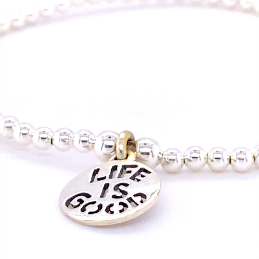 925 Sterling Silver Stretch Beaded Bracelet with "LIFE IS GOOD" Charm