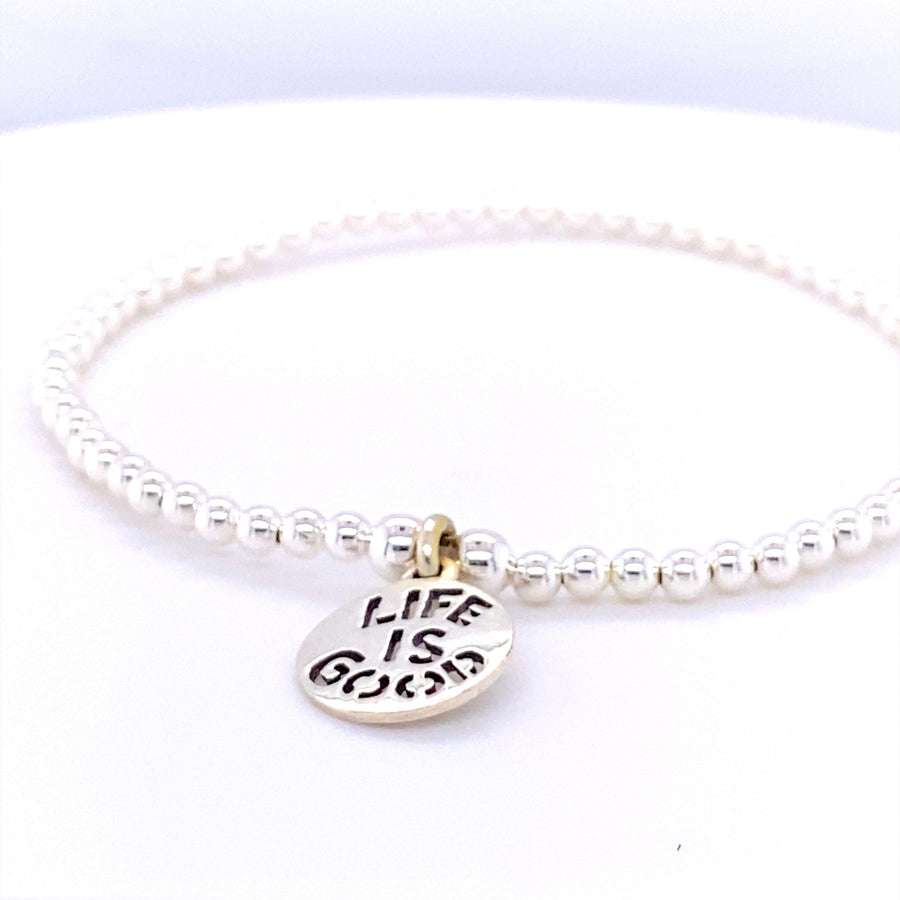 925 Sterling Silver Stretch Beaded Bracelet with "LIFE IS GOOD" Charm