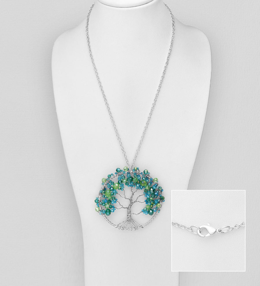 White Base Tree of Life Necklace Beaded With Crystal Glass And Seed Beads