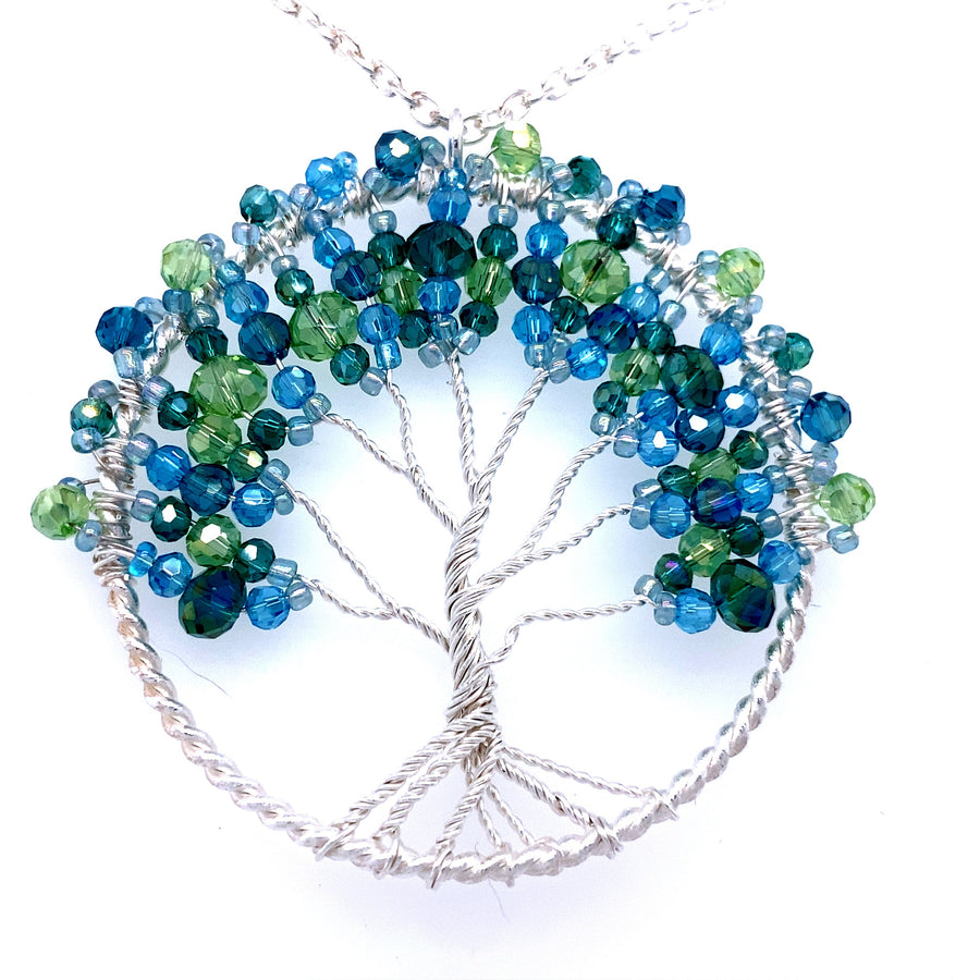 White Base Tree of Life Necklace Beaded With Crystal Glass And Seed Beads