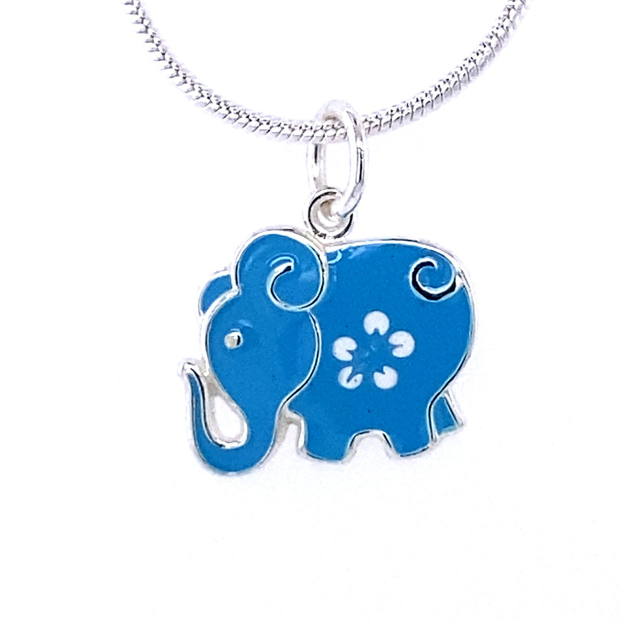 925 Sterling Silver Elephant and Flower Pendant Decorated With Colored Enamel