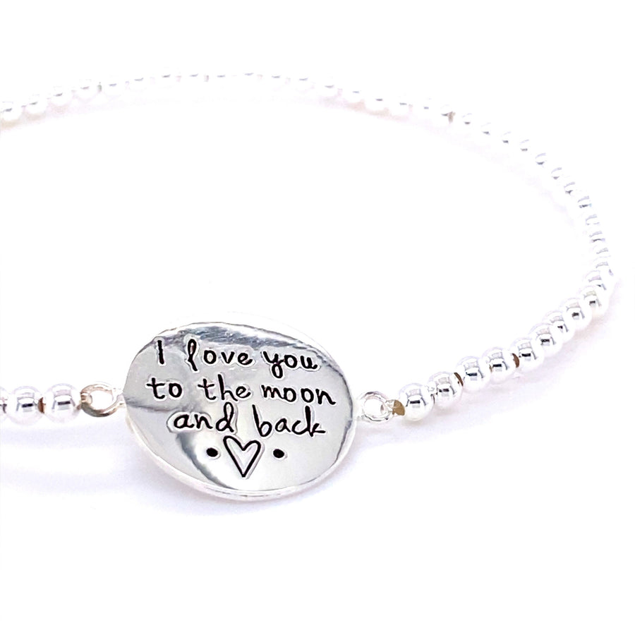 925 Sterling Silver Ball And "I love you to the moon and back" Stretch Bracelet