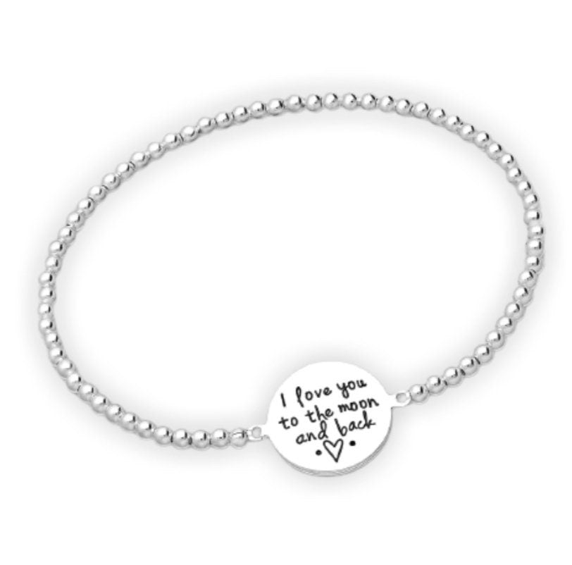 925 Sterling Silver Ball And "I love you to the moon and back" Stretch Bracelet