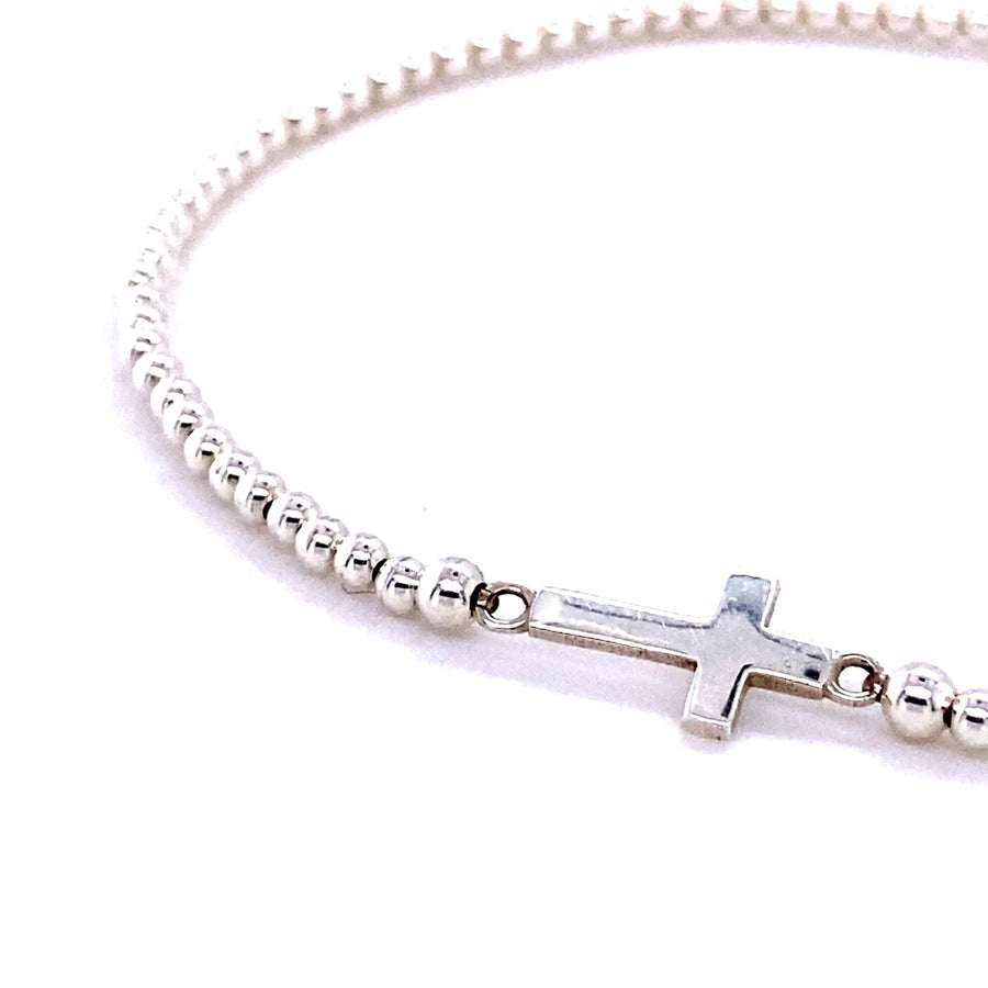 925 Sterling Silver Ball & Cross Stretch Beaded Bracelet