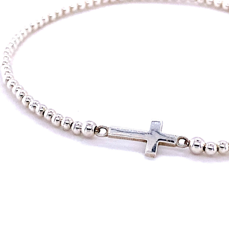 925 Sterling Silver Ball & Cross Stretch Beaded Bracelet