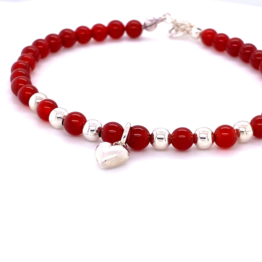 Heart Bracelet, Beaded with Red Agate or Turquoise