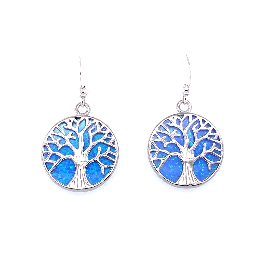 Tree of Life Deep Bermuda Blue Hook Earrings Decorated With Lab-Created Opal