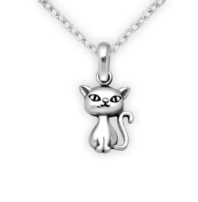 Tiny Adorable Feline Cat Pendant, 925 Sterling Silver with hallmarks, Oxidized. Children or adult necklaces.