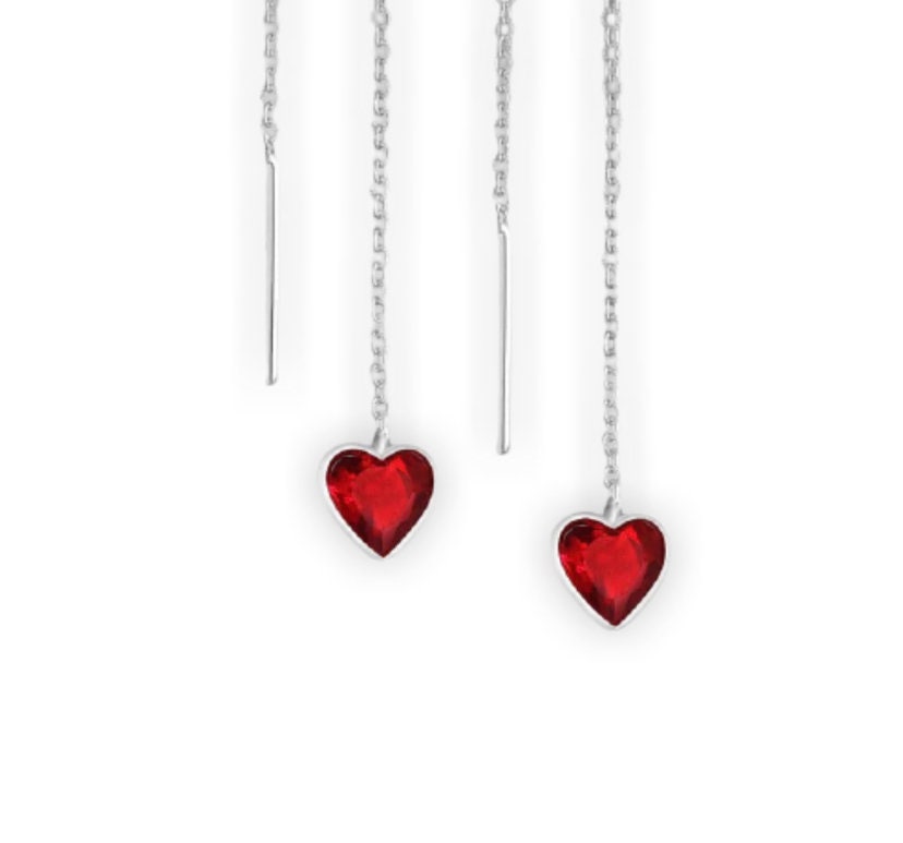 925 Sterling Silver Red Heart Threader Chain Earrings Decorated with Cubic Zirconia  Diamonds