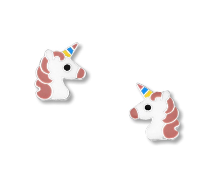 Children's Unicorn Push-Back Stud Earrings Decorated with Colored Enamel