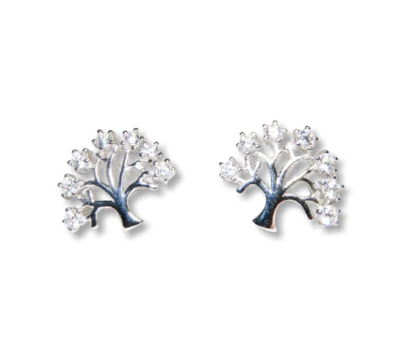 Silver Tree Stud Earrings, Tree of life earring, Sterling silver S925, Nature Earring, Branch Earrings, Leaf Earring, Cubic Zirconia