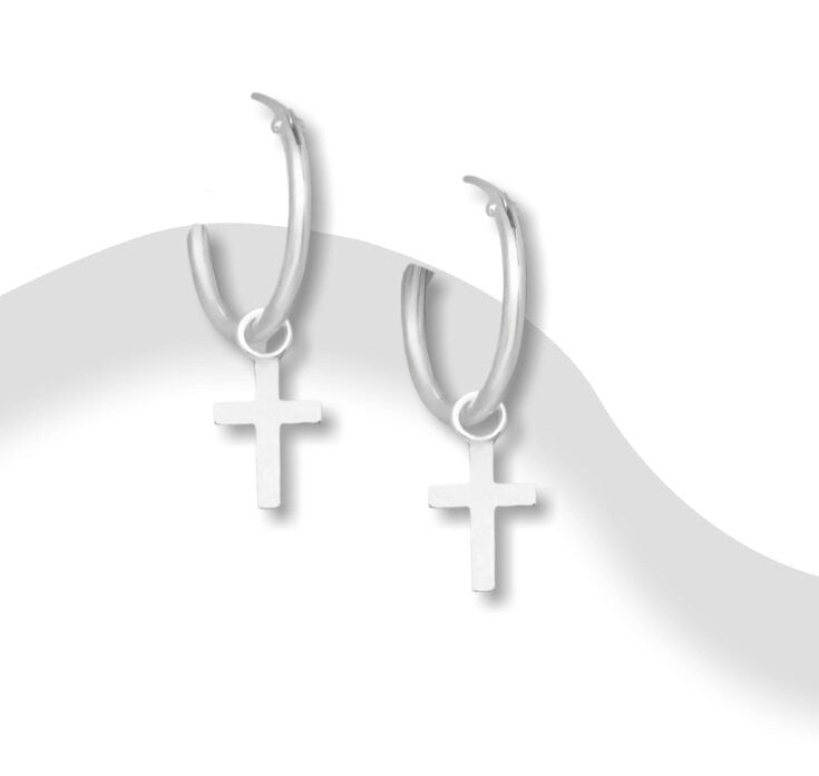 Unisex 925 Sterling Silver Hoop Cross Charm Earrings