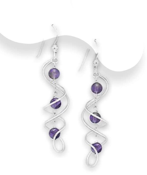 925 Sterling Silver Spiral Hook Earrings, Beaded with Amethyst Healing Stone