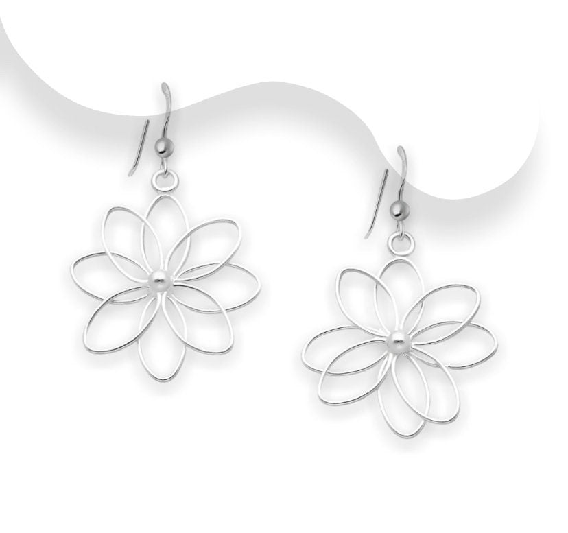 925 Sterling Silver Flower Wire Hook Earrings