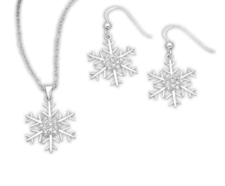 925 Sterling Silver Snowflake Hook Earrings and Pendant Jewelry Set, Decorated with CZ Diamonds