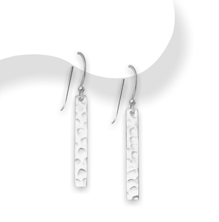 925 Sterling Silver Rectangle Hammered Bar Hook Earrings