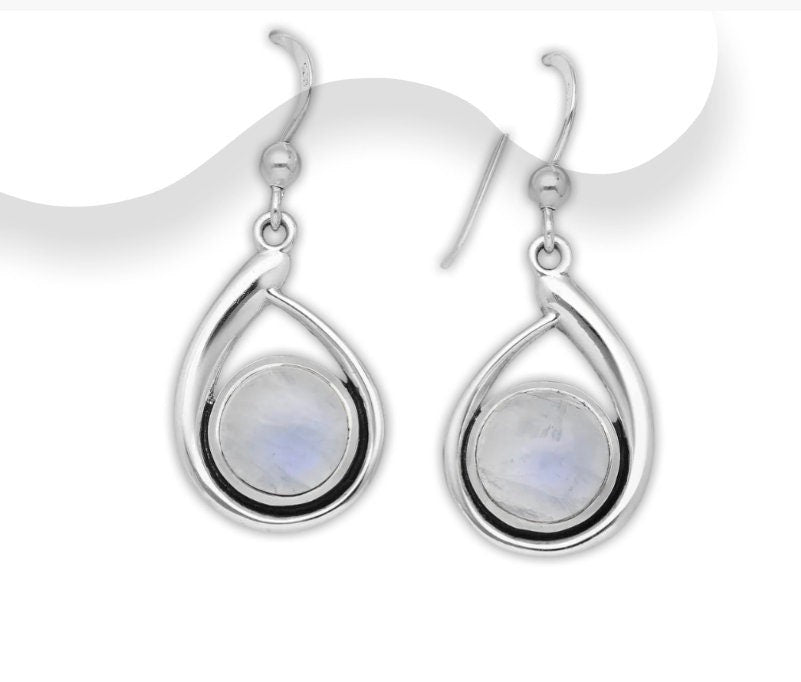 925 Sterling Silver Oxidized Hook Earrings, Decorated with Rainbow Moonstone