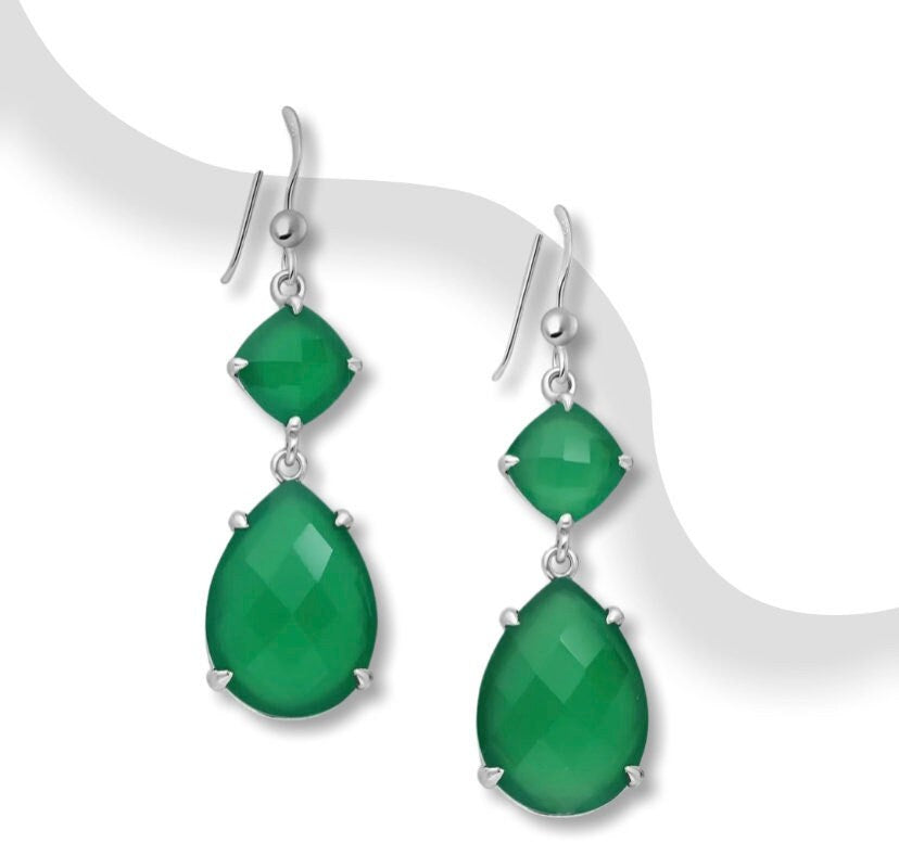 Elizabeta Droplet Hook Earrings, Decorated with Green Onyx Earrings' Hooks Type: Flat French With Beads