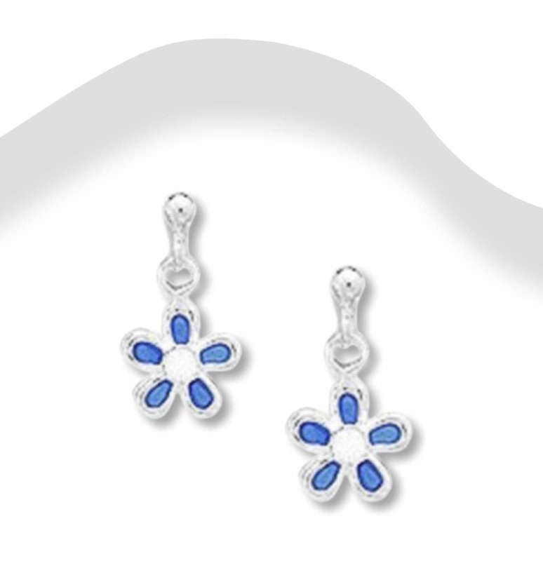 Flower Push-Back Earrings Decorated With Baby Blue Colored Enamel