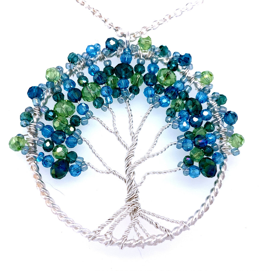 White Base Tree of Life Necklace Beaded With Crystal Glass And Seed Beads