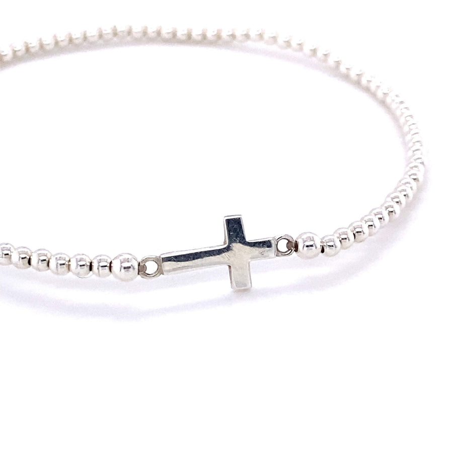 925 Sterling Silver Ball & Cross Stretch Beaded Bracelet