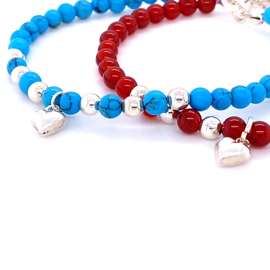 Heart Bracelet, Beaded with Red Agate or Turquoise