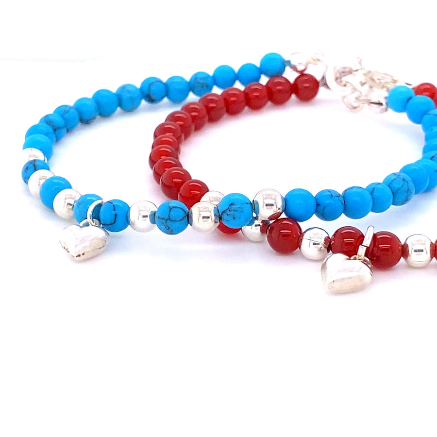 Heart Bracelet, Beaded with Red Agate or Turquoise