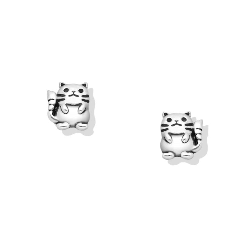 Real 925 Sterling Silver Oxidized Cat Push-Back Stud Earrings