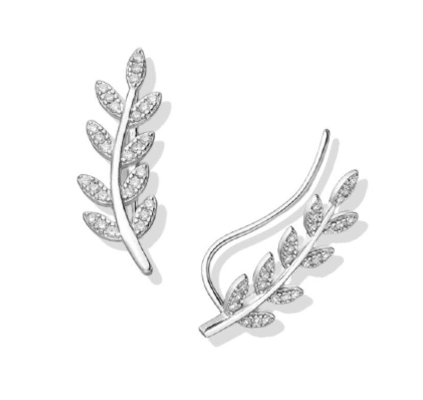 925 Sterling Silver Leaf Ear Pins, Decorated with Lab Created Diamonds