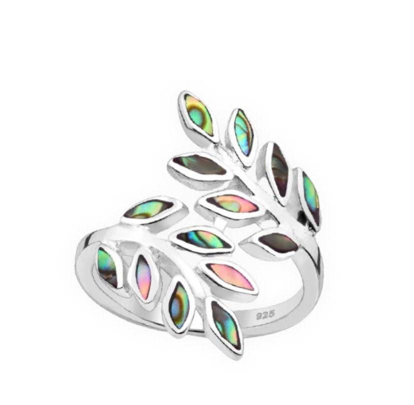 925 Sterling Silver Adjustable Leaf Ring, Decorated with Shell