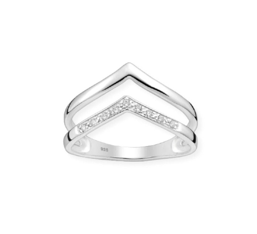 925 Sterling Silver Chevron Ring, Decorated with Lab Grown Diamonds