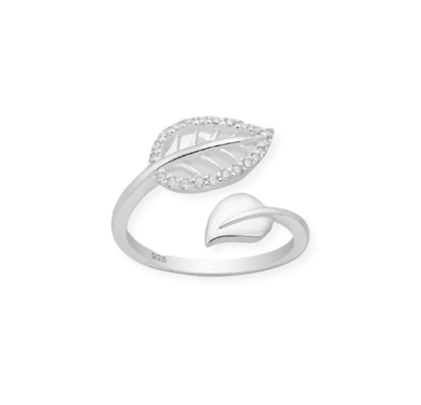 925 Sterling Silver Adjustable Leaf Ring, Decorated with CZ  Diamonds