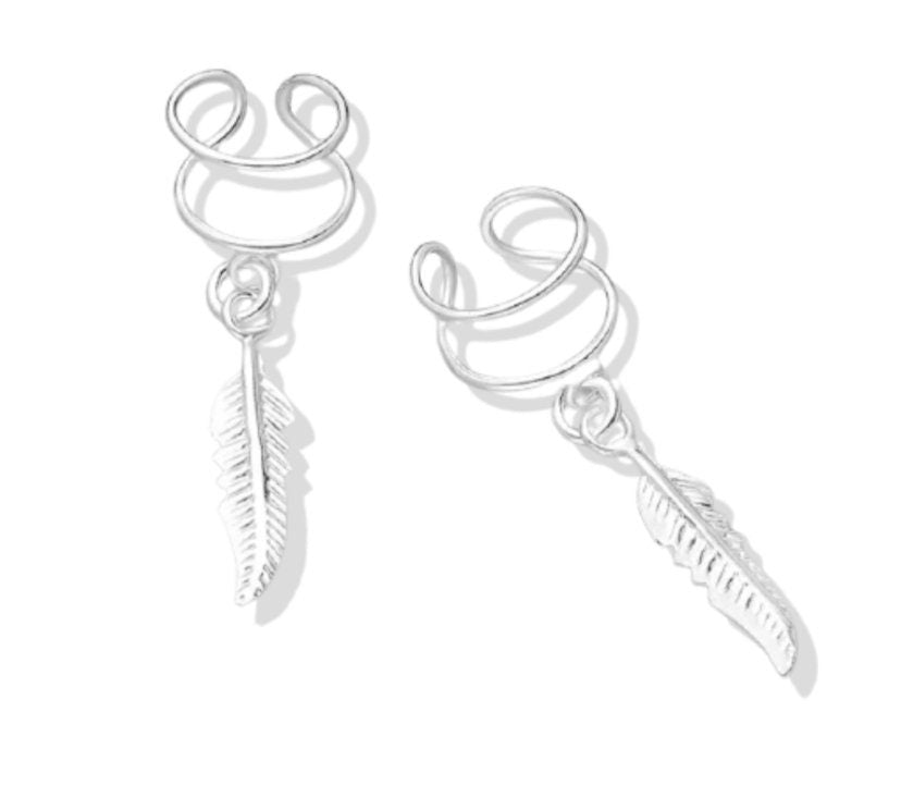 925 Sterling Silver Bohemian Styled Feather Ear Cuffs Set of 2